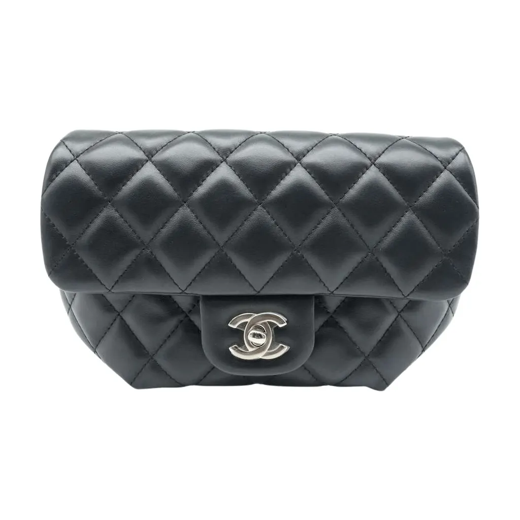 Chanel CC Uniform Flap Belt Bag Calfskin Quilted Black Black Leather Good - Front View
