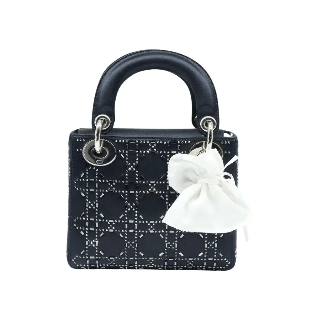 Dior Mini Lady Dior Bag Black Strass Cannage Satin M0500PRTC_M911 Black Leather Good - Front View