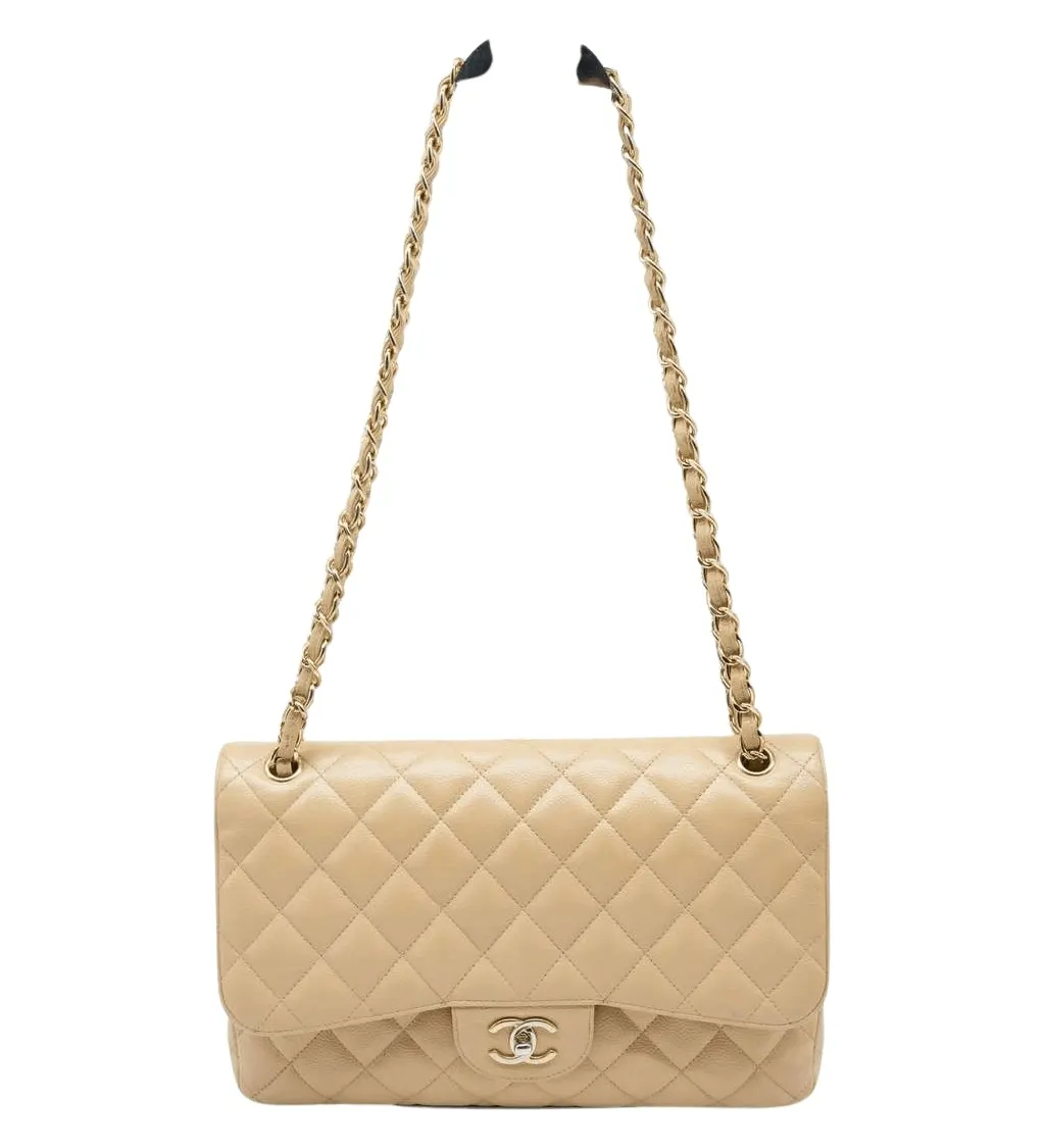 Chanel Classic Jumbo Caviar Leather Beige Gold Hardware Beige Good - Front View