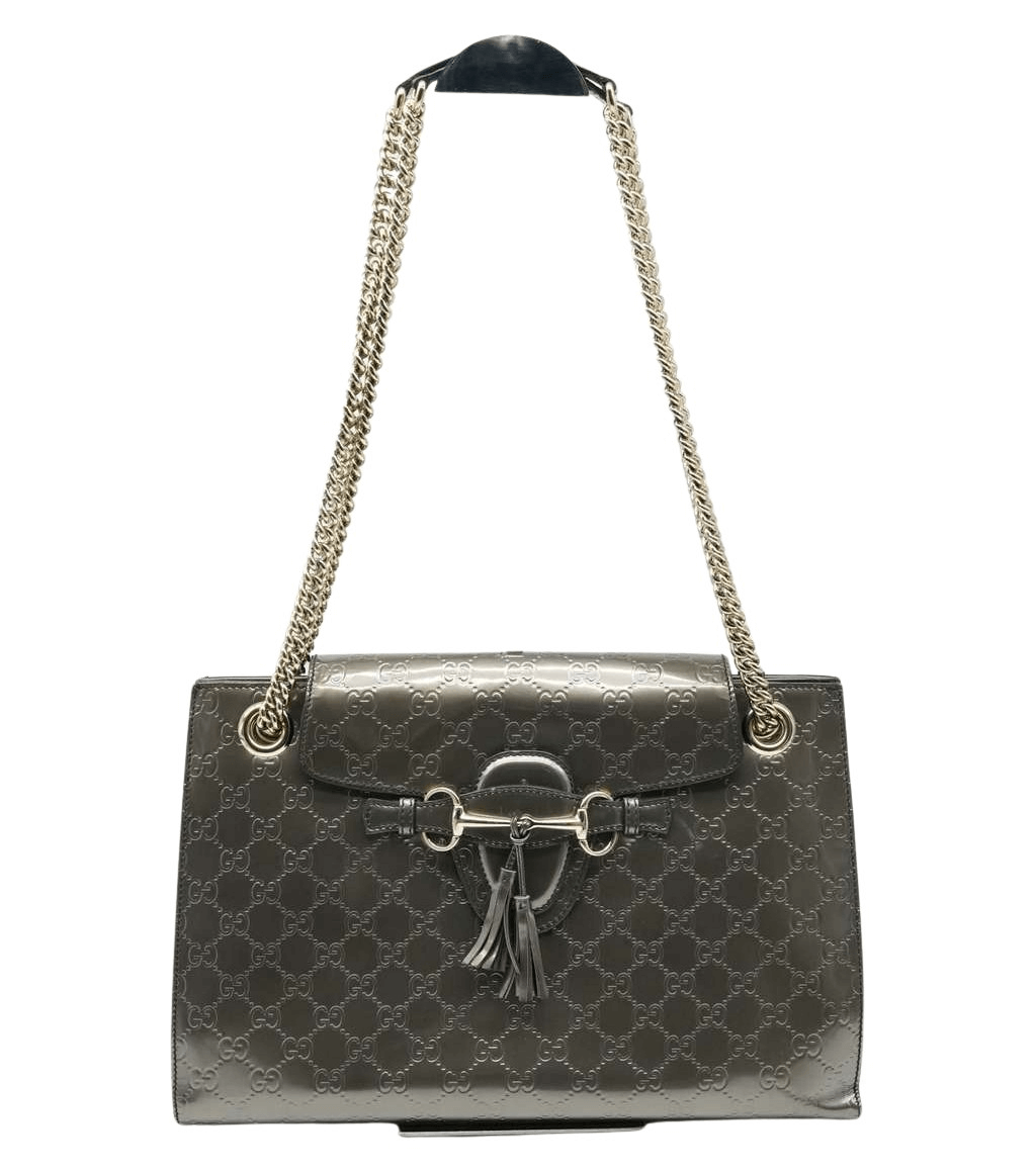 Gucci Guccissima Patent Leather Medium Emily Chain Shoulder Bag Brown