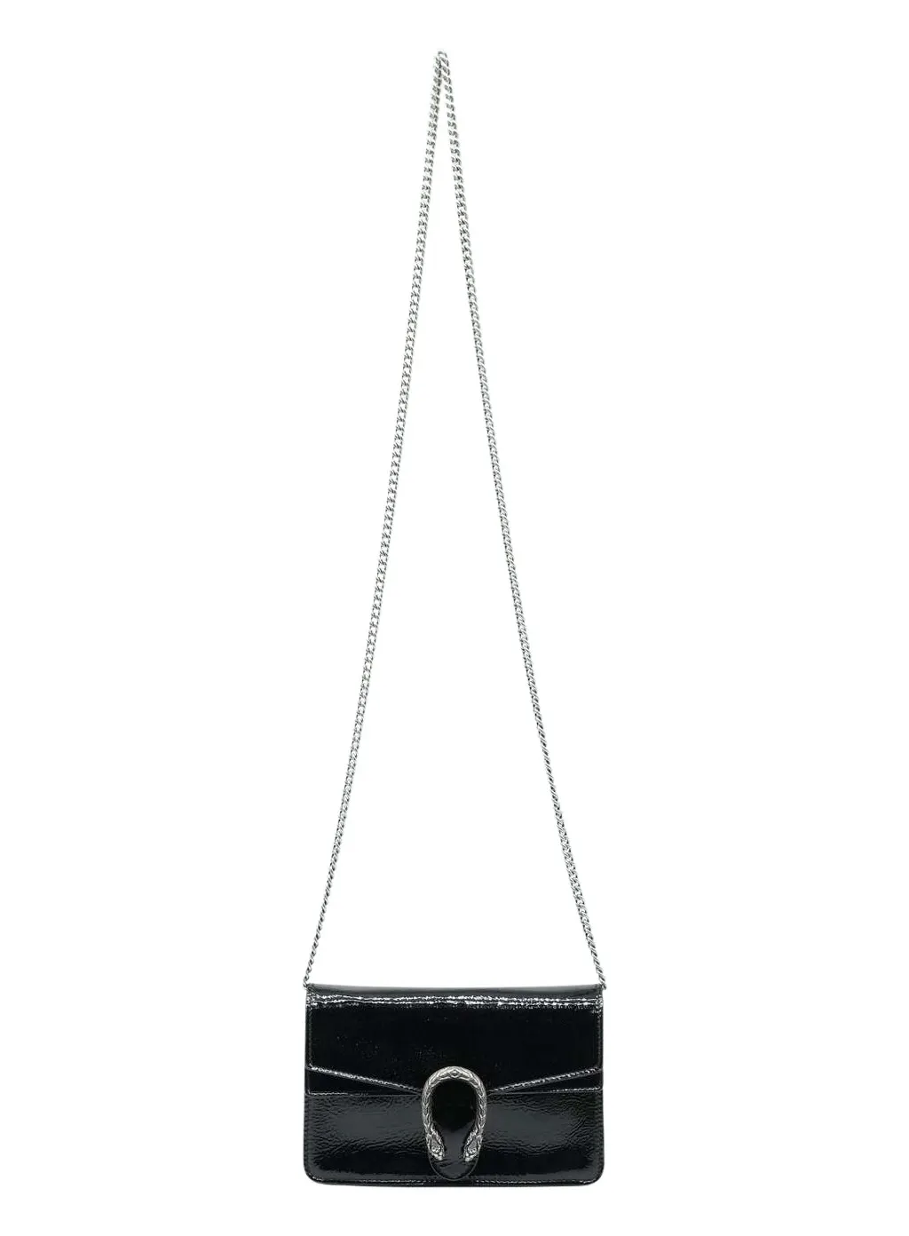 Gucci Super Mini Dionysus Bag in Patent Leather Black Black Fair - Front View