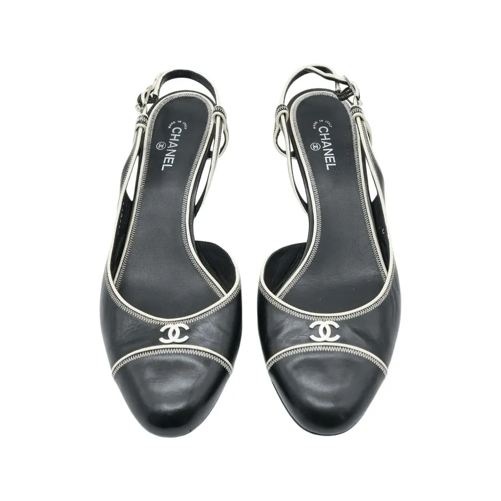 Chanel Slingback Pumps CoCo Round Toe Black & Beige Leather 08C F G25871 Size 41 Black Leather Fair - Front View