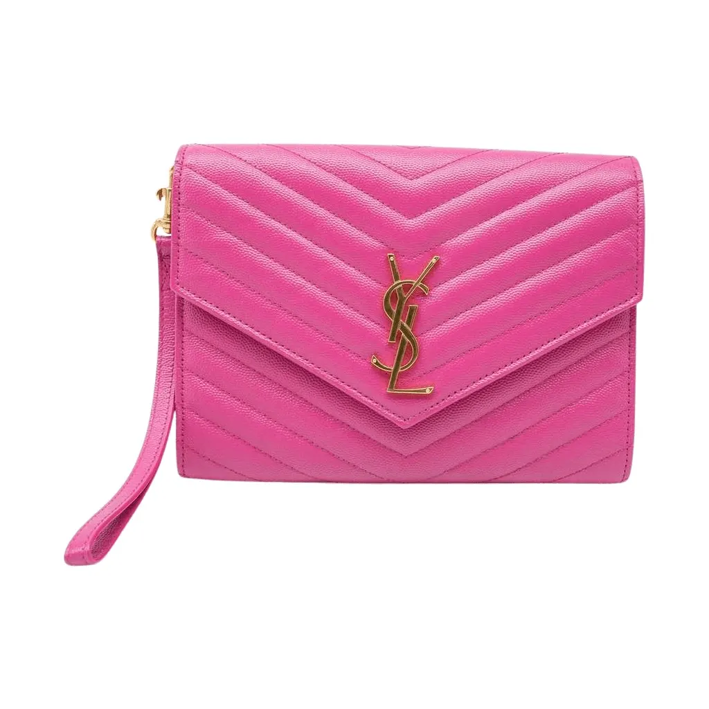 Saint Laurent Grain De Poudre Matelasse Chevron Monogram Envelope Clutch Fuxia Couture Pink Good - Front View