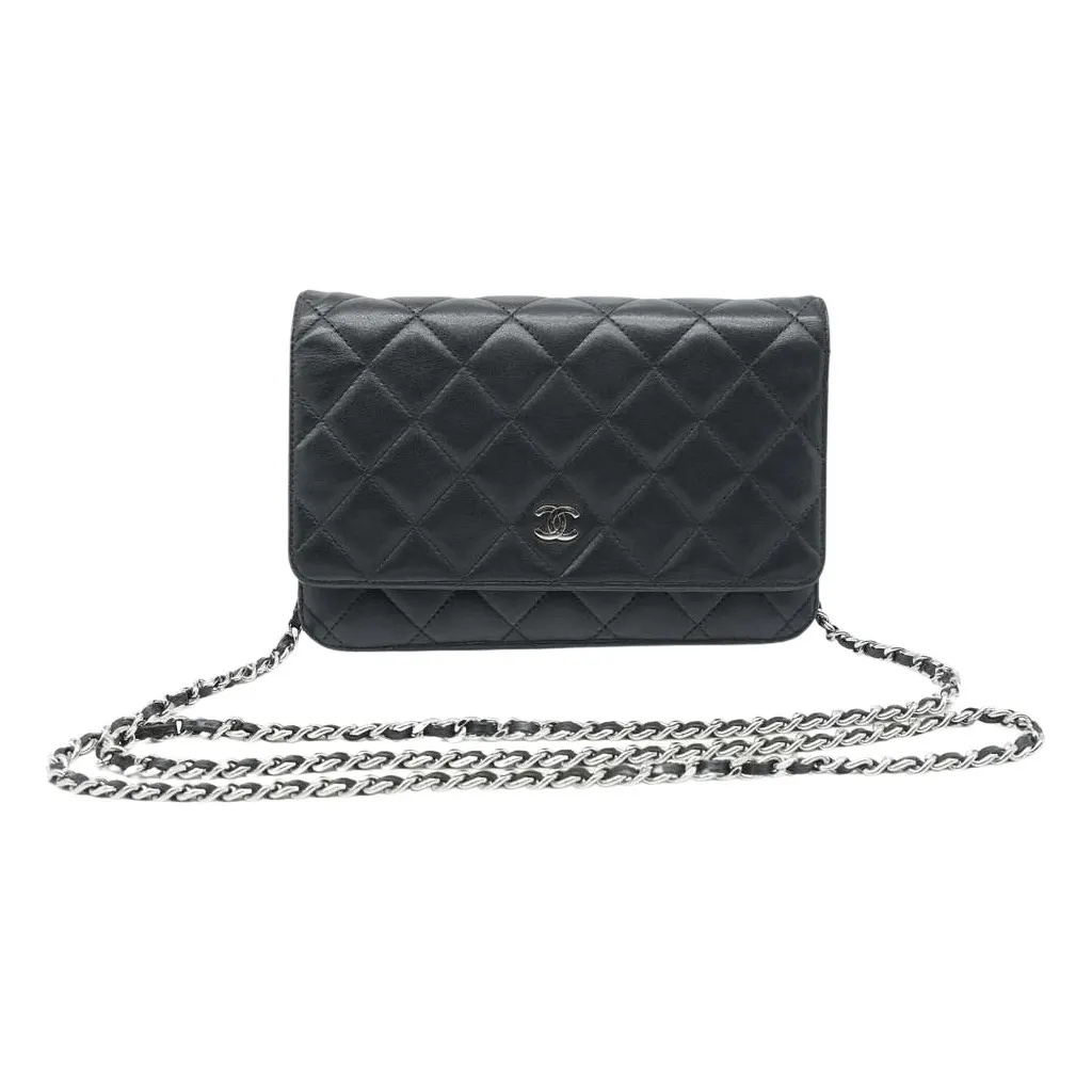 Chanel Wallet On Chain Black Lambaskin Sliver Tone Hard ware Black Good - Front View