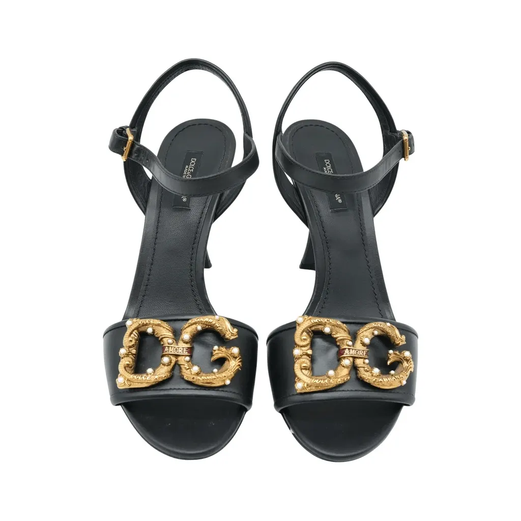 Dolce & Gabbana Sandals With D&G Amore Logo Calfskin Size 38 Black Leather Fair - Front View