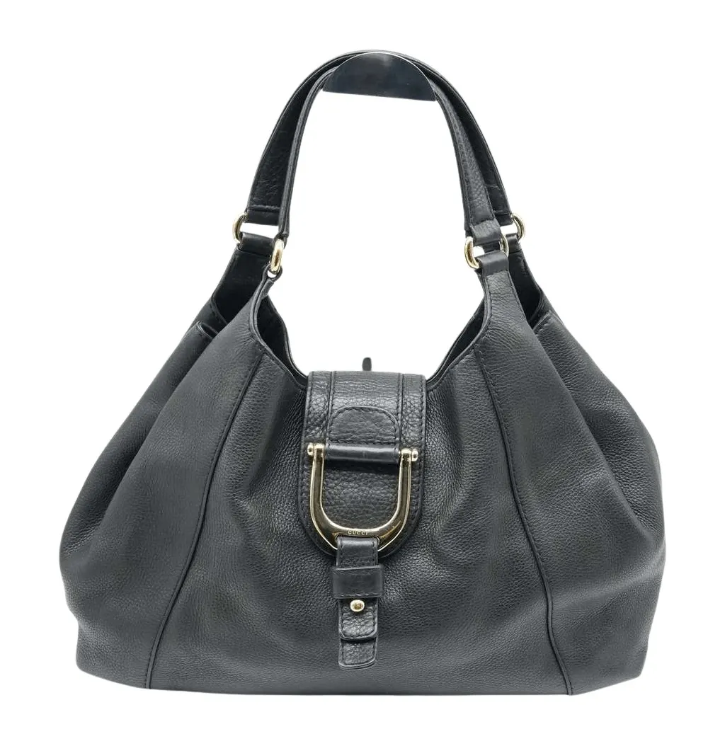 Gucci Black Pebbled Calfskin Leather Greenwich Medium Shoulder Bag Black Fair - Front View