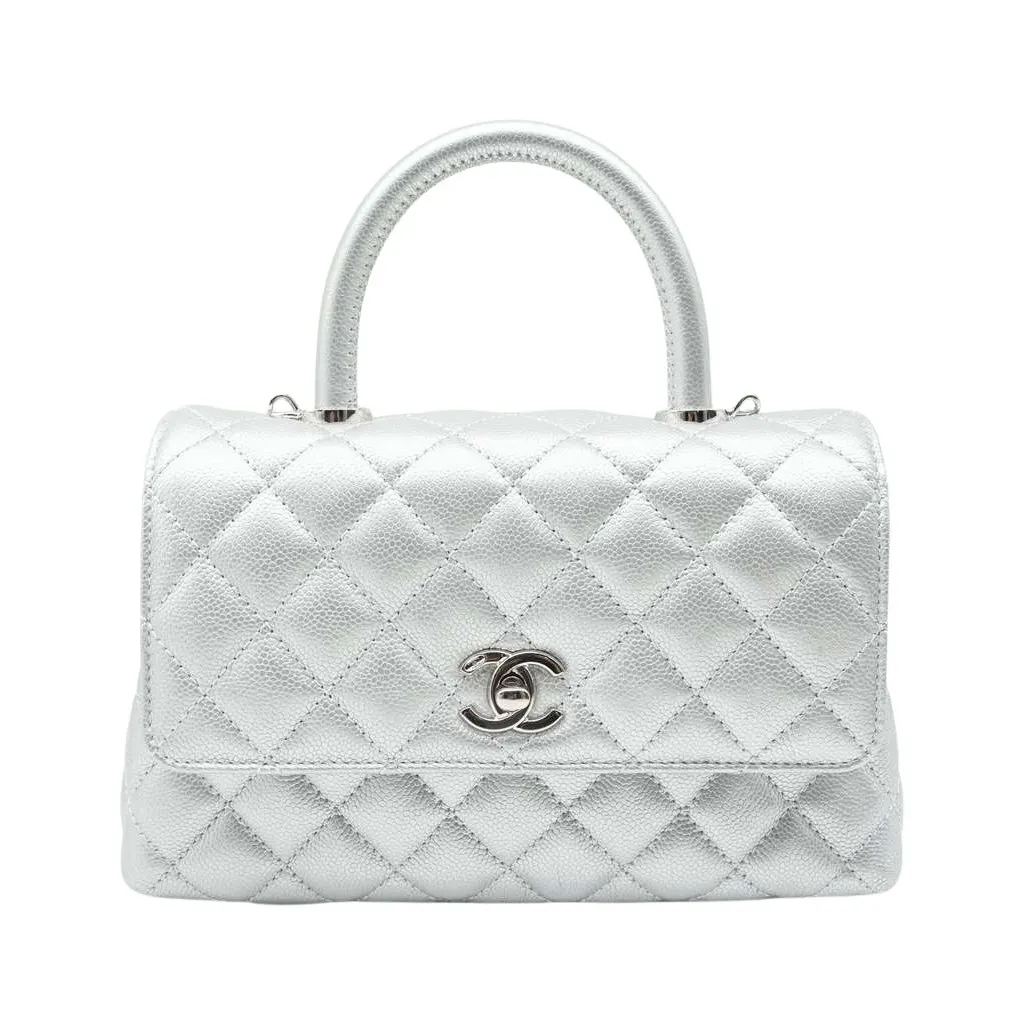 Chanel Coco Handle Flap Mini Metallic Caviar Quilted Silver Silver Leather Good - Front View