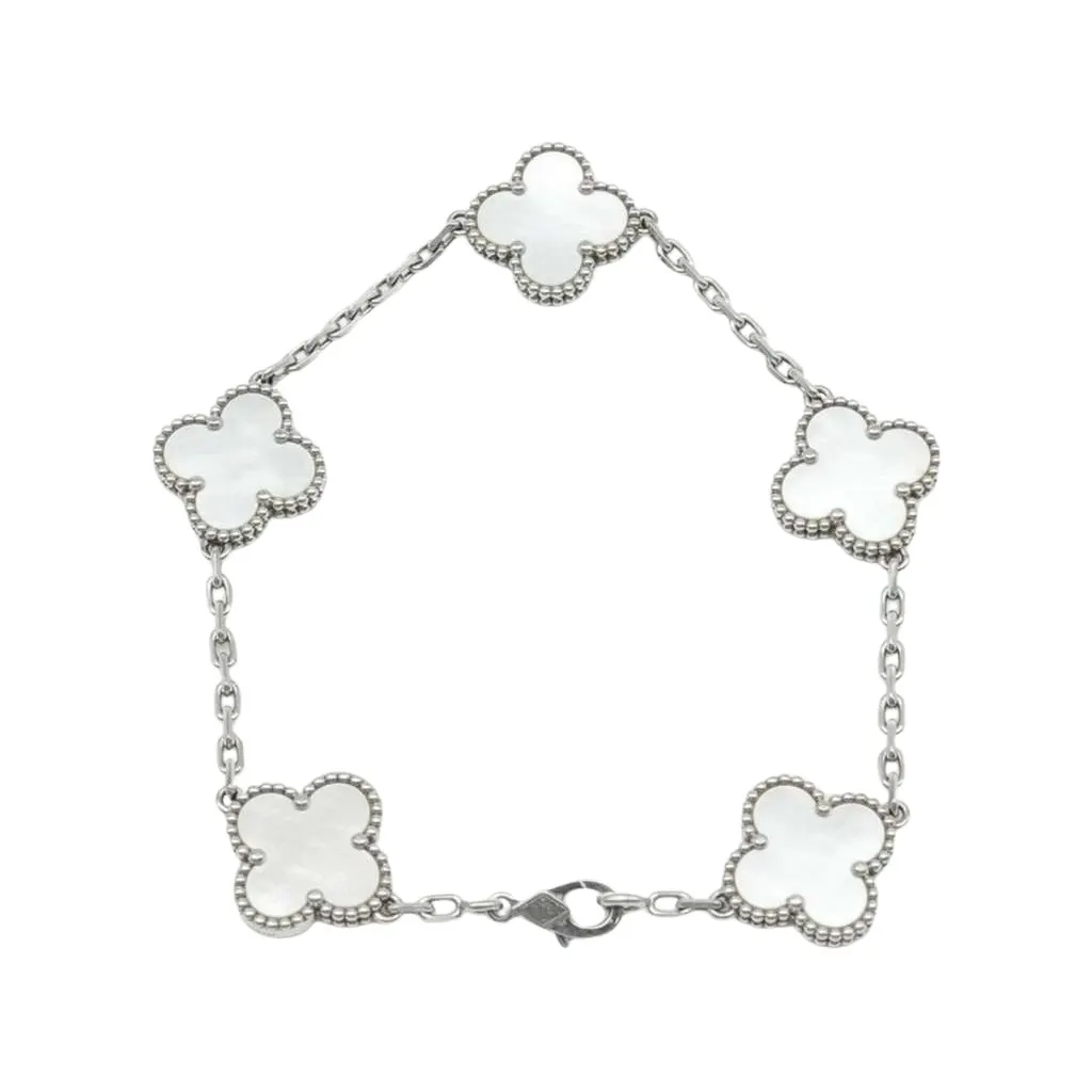 Van Cleef & Arpels Vintage Alhambra 5 Motifs Bracelet Pearl 18K White Gold VCARF48400 White White Gold Good - Front View