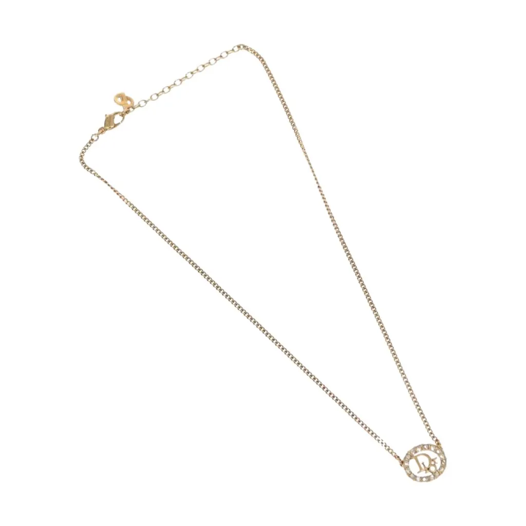Dior Vintage Logo Round Pendant Necklace Gold Metal Good - Front View