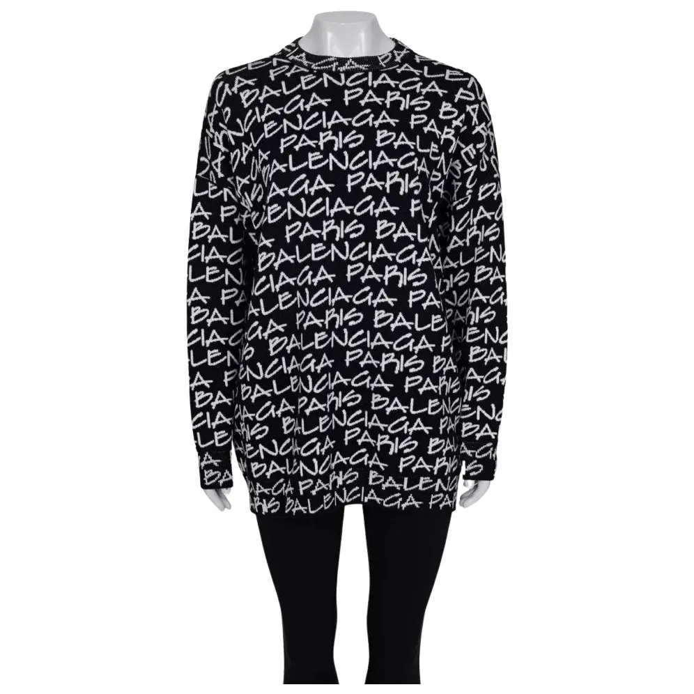 Balenciaga Oversize Logo Print Sweater Black Wool Very good - Front View