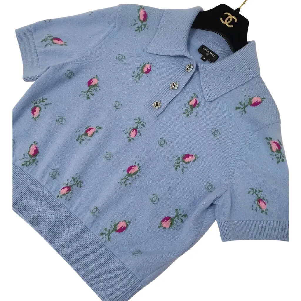 Chanel Light Floral Knit Polo Top Blue Cotton Very good - Front View