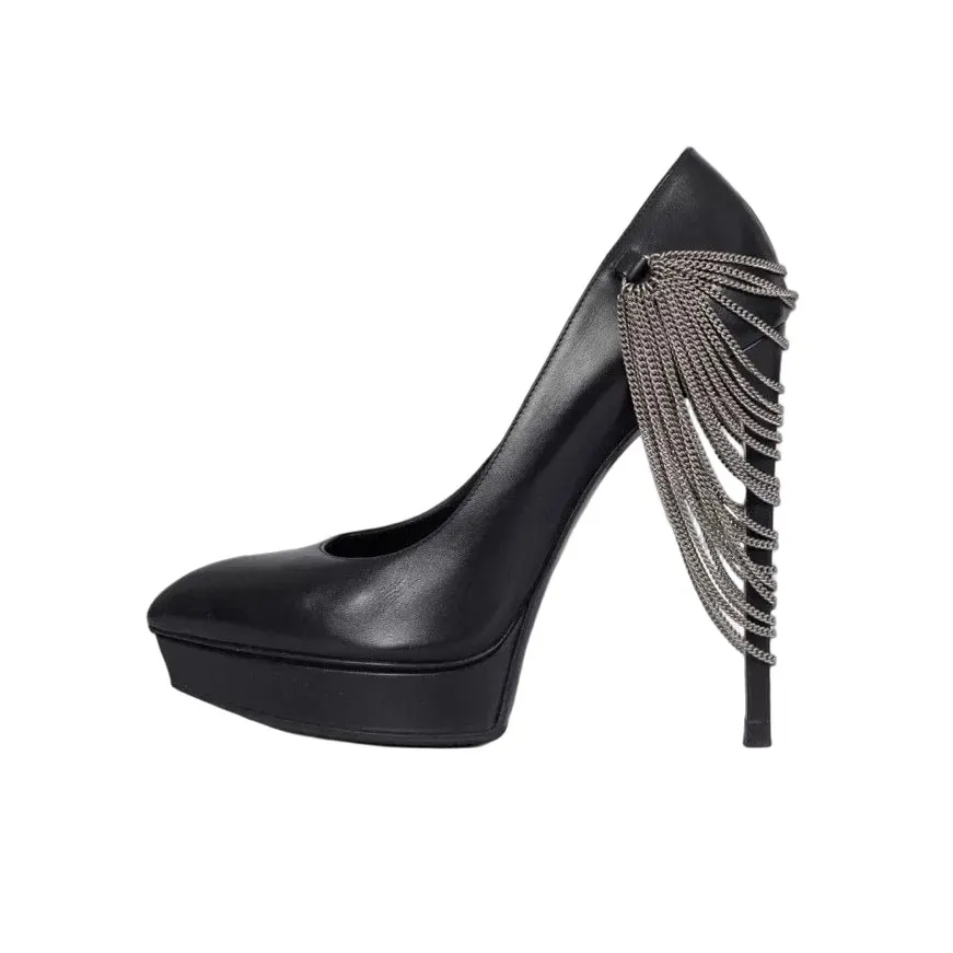 Saint Laurent Chain-Detail Black Leather Heels Sz.37 Pre-owned Black Leather Good - Front View