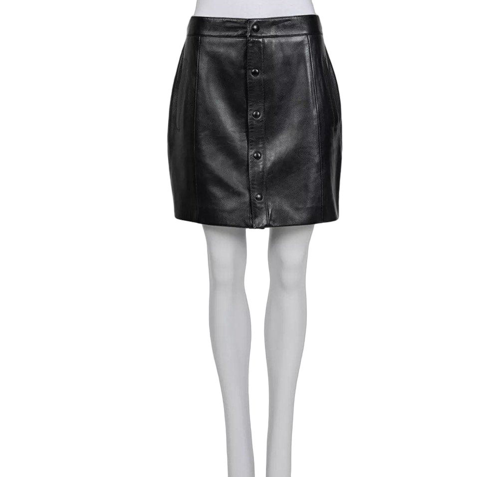 Saint Laurent Saint Laurent Black Leather A-Line Button-Up Skirt Sz 42 Pre-owned