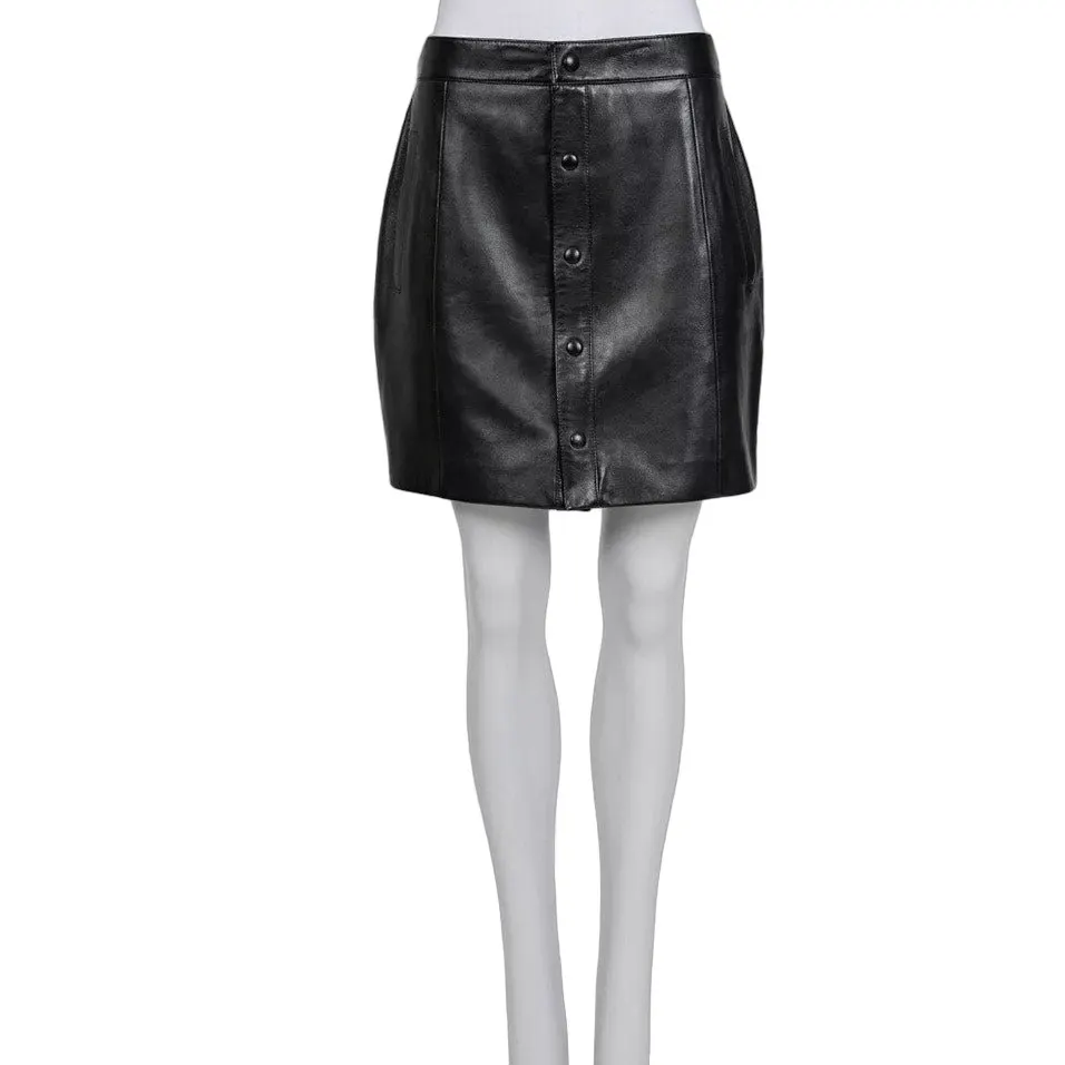 Saint Laurent Black Leather A-Line Button-Up Skirt Sz 42 Pre-owned Black Leather Good - Front View