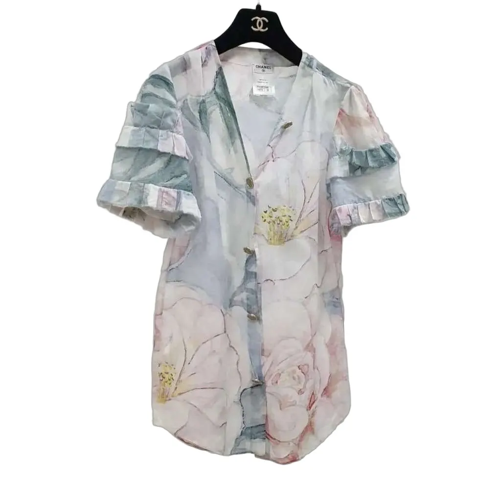 Chanel Floral Print Ruffle Blouse MultiColor Cotton Very good - Front View