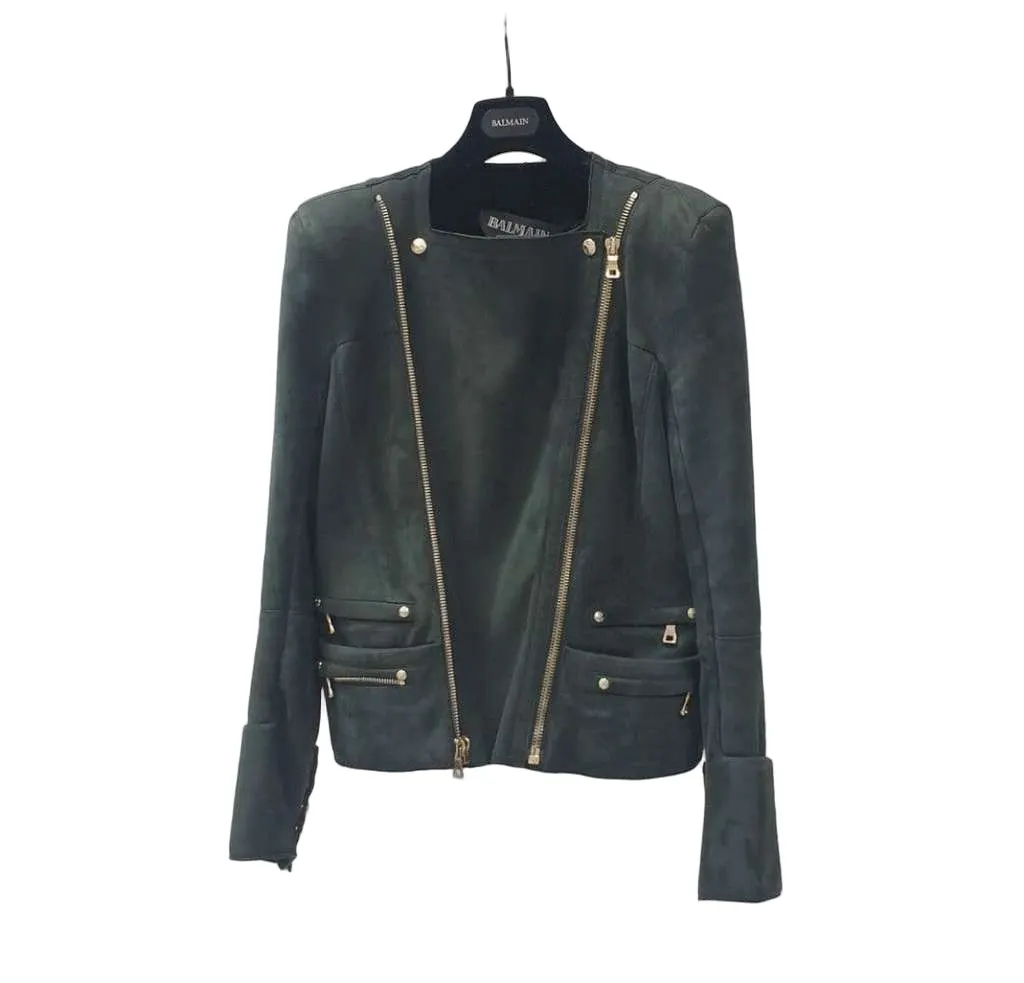 Balmain Biker Style Jacket Jacket Green Shearling Very good - Front View