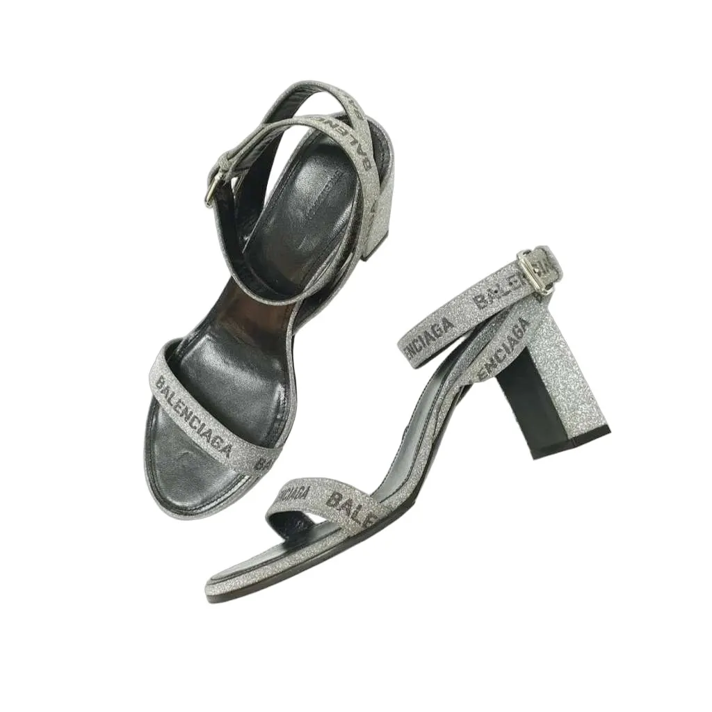 Balenciaga Round Glitter Logo Sandals Black Leather Good - Front View