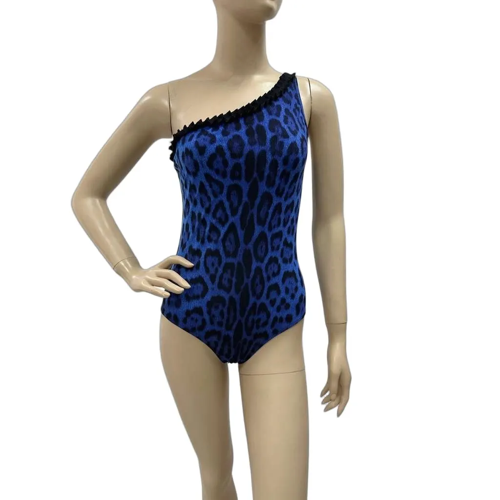 Roberto Cavalli One Shoulder Animal Print Swimsuit Black Cotton Very good - Front View