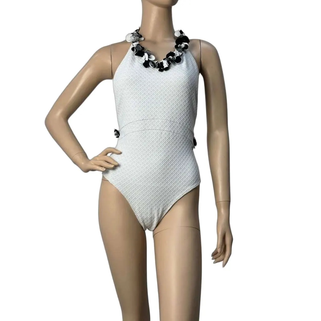Chanel Neckline Embellishment Swimsuit White Cotton Very good - Front View