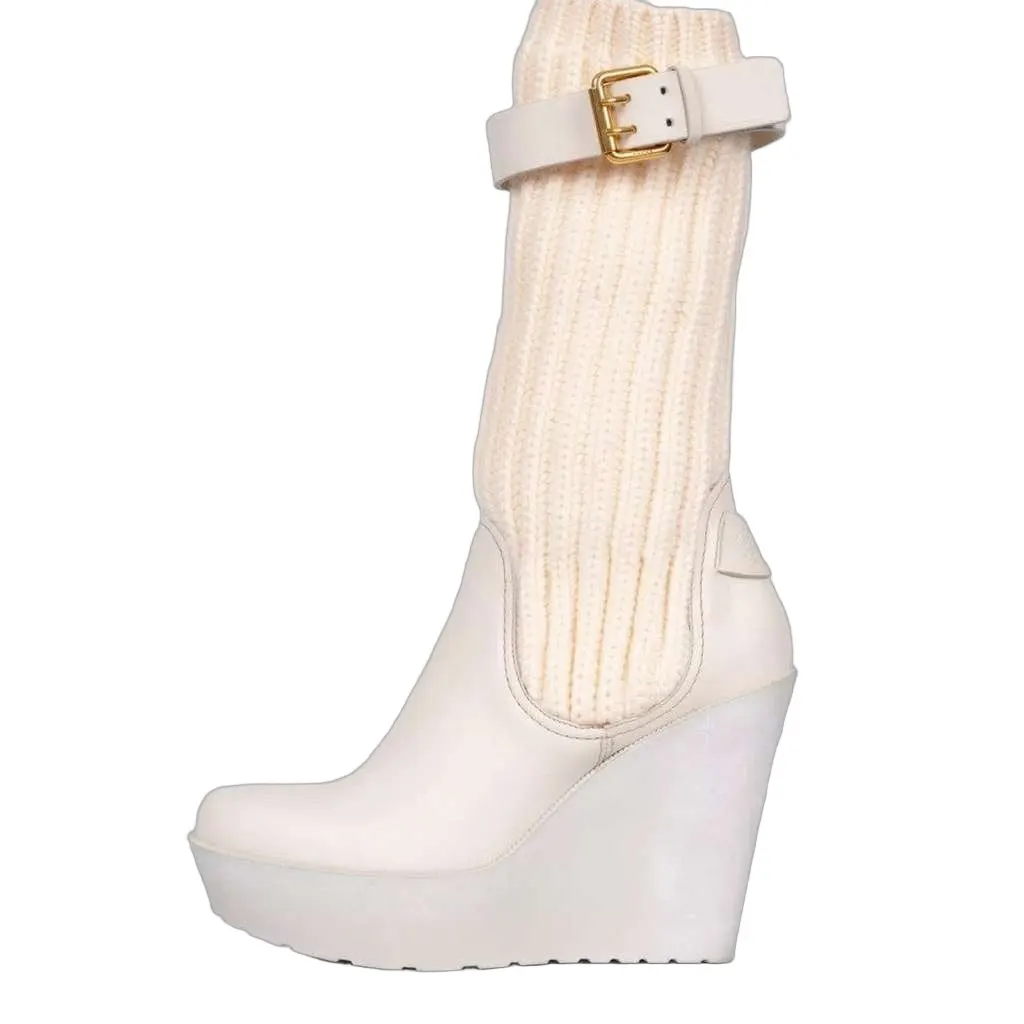 Gucci Fabric Buckle Wedge Sock Boots Beige Leather Very good - Front View
