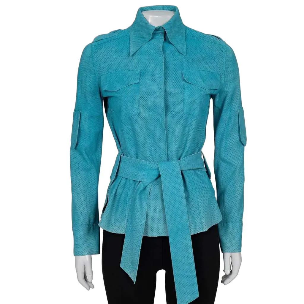 Dolce & Gabbana Perforated Shirt Light Blue Leather Good - Front View