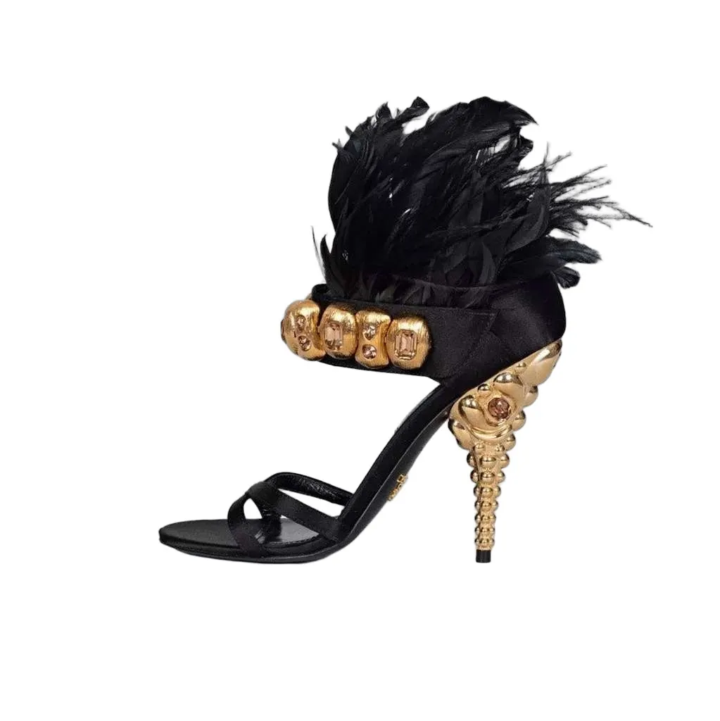Prada Feather Trim Embellished Sandals Black Leather Very good - Front View