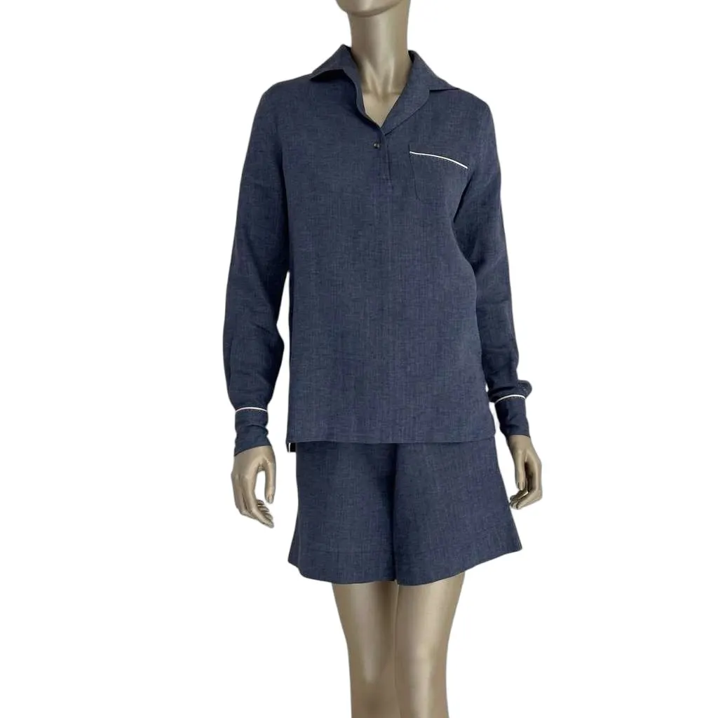 Loro Piana Shirt Shorts Set Blue Linen Very good - Front View