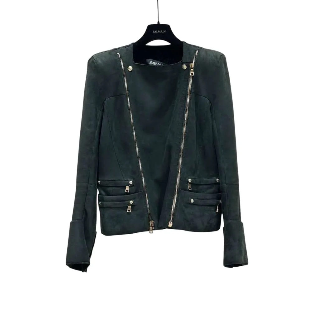 Balmain Biker Jacket Green Shearling Very good - Front View