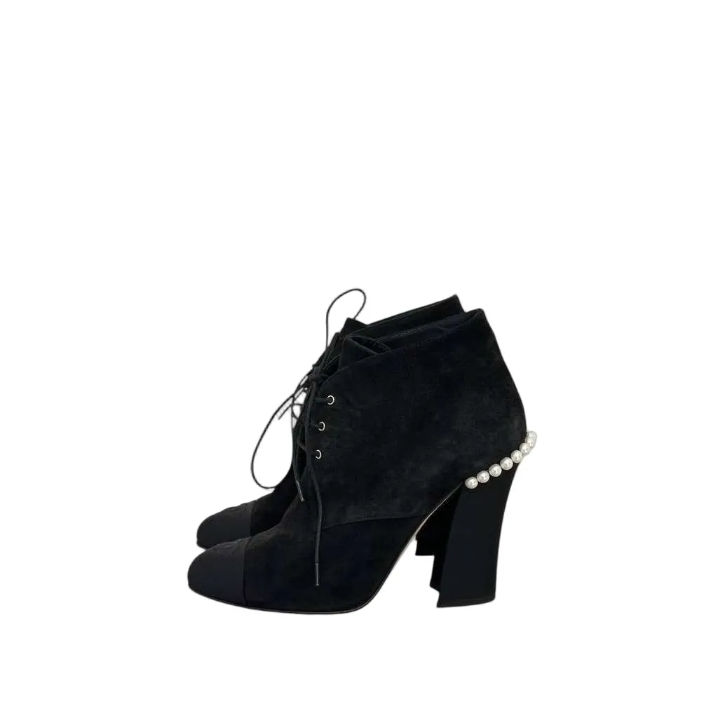 Chanel Lace Up Booties Black Suede Very good - Front View