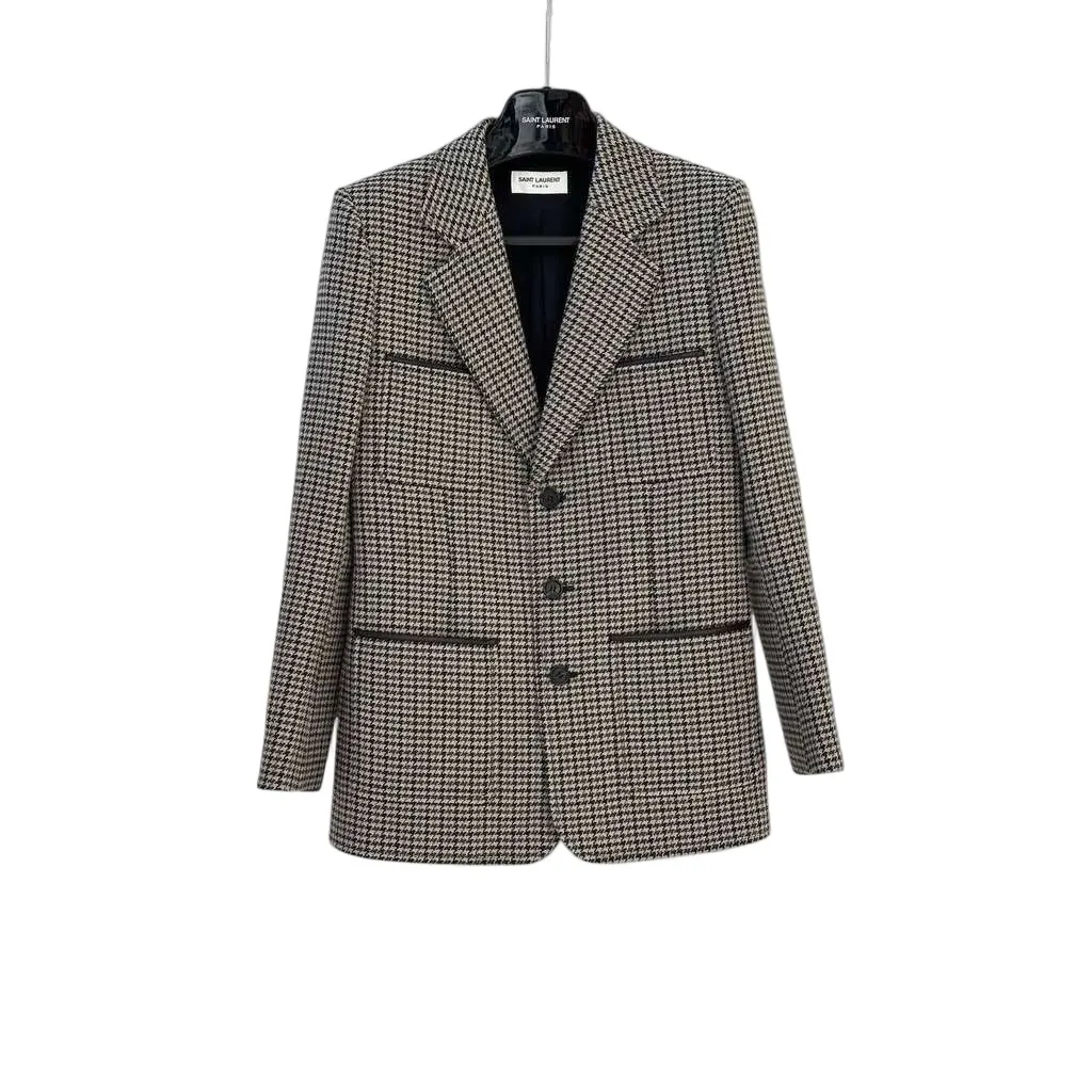 Saint Laurent Four Pocket Houndstooth Blazer Black Wool Very good - Front View