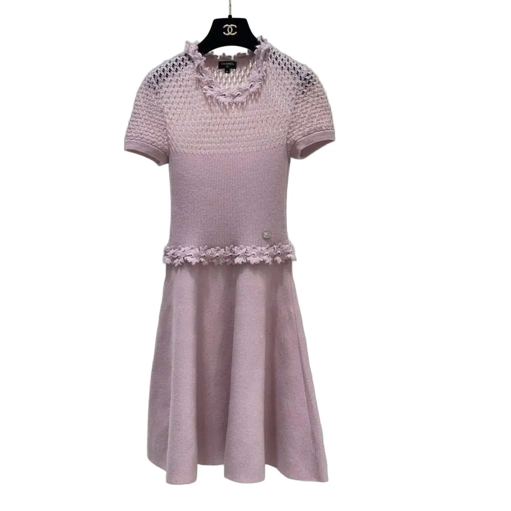 Chanel 17A Flower Trim Embroidery Knit Pink Cotton Very good - Front View