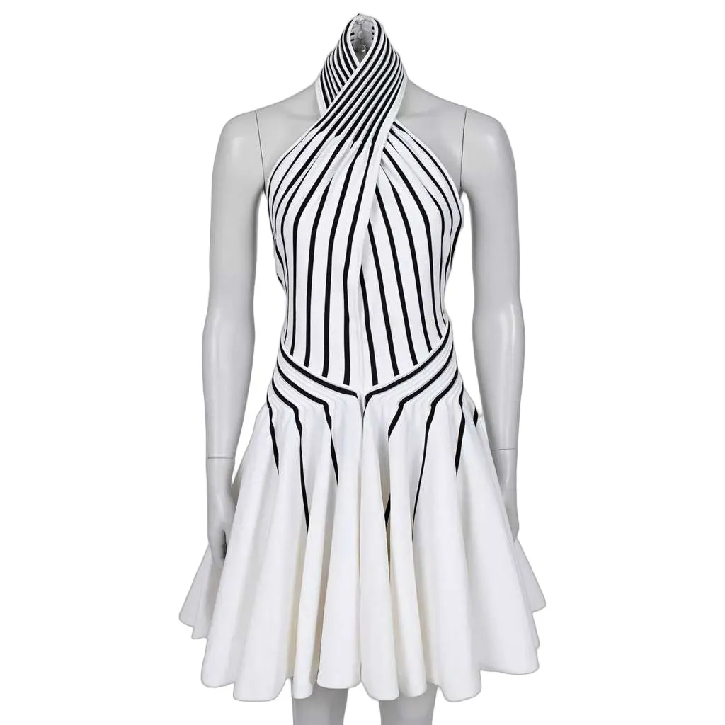 Bottega Veneta Striped Fitted Dress Black Polyester Very good - Front View