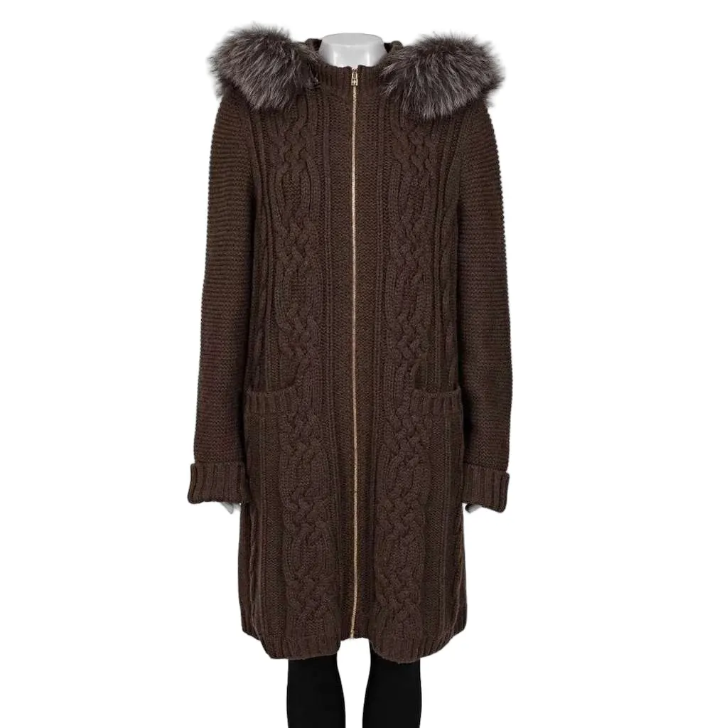 Loro Piana Hooded Trim Cardigan Coat Brown Leather Very good - Front View