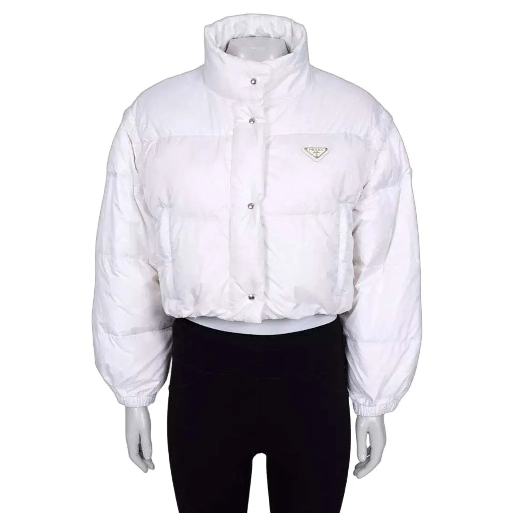 Prada Cropped Logo Down Jacket White Cotton Very good - Front View