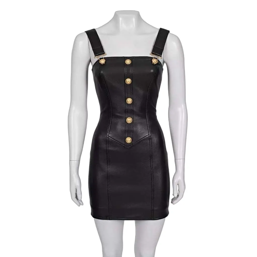 Balmain Lambskin Mini Dress Black Leather Very good - Front View