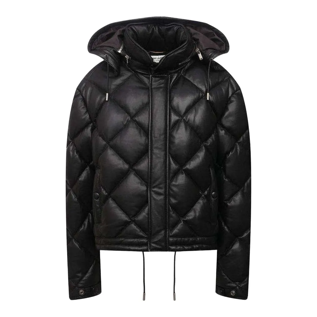 Saint Laurent Hooded Lambskin Down Jacket Black Leather Very good - Front View