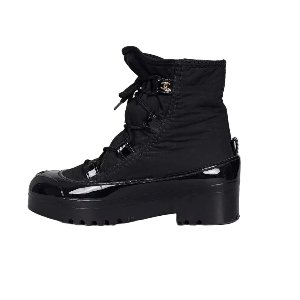 Chanel Lace Up Rubber Boots Black Lace Good - Front View