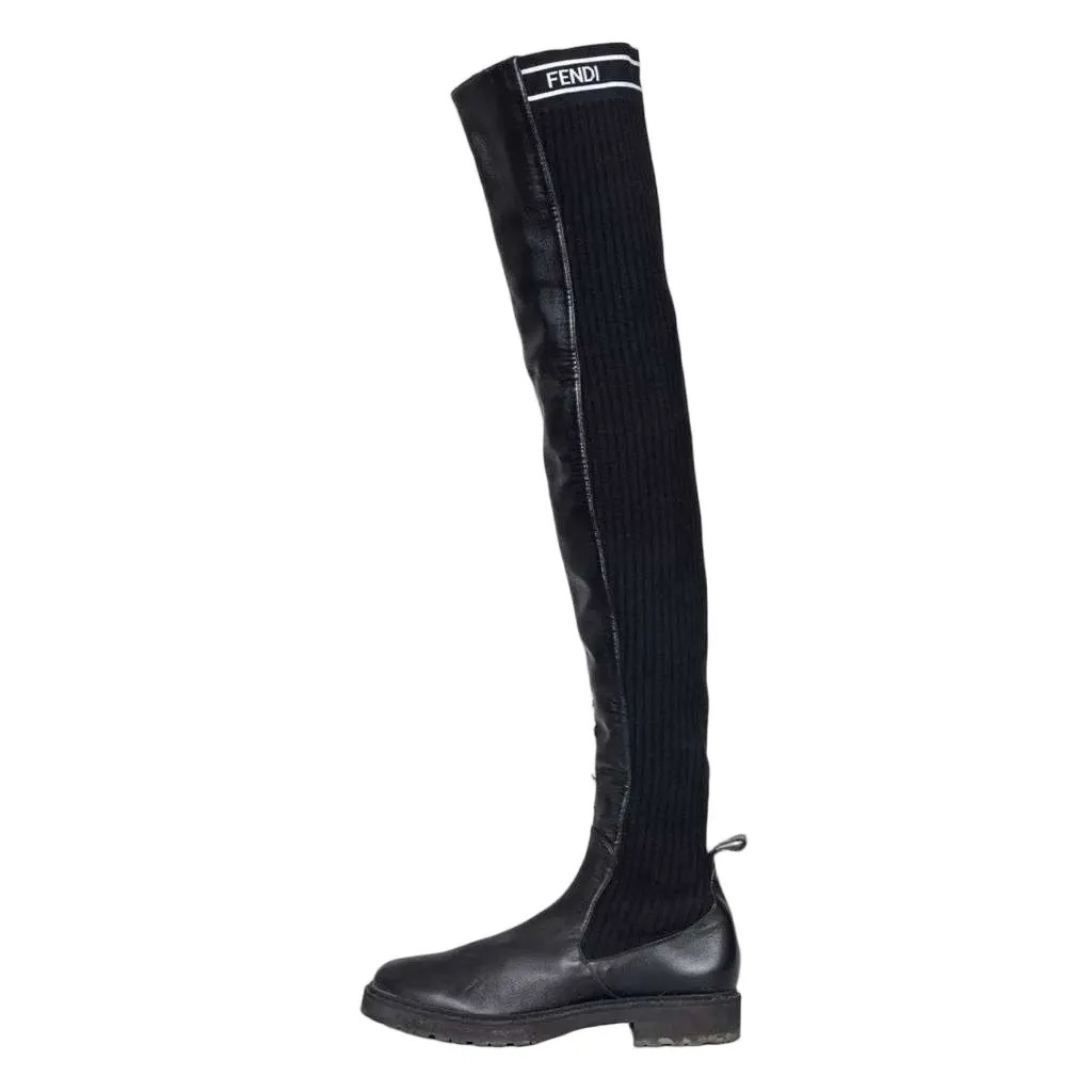 Fendi Over the Knee Boots Black Leather Good - Front View