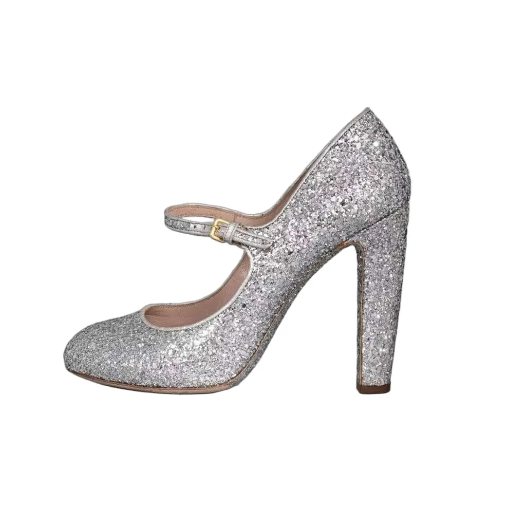 Miu Miu Glitter Block Heel Shoes Silver Leather Good - Front View