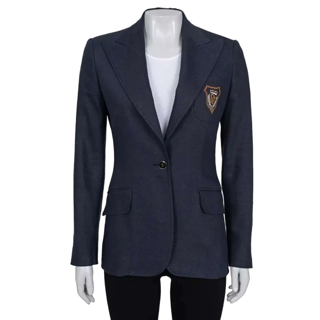 Dolce & Gabbana Embroidered Fitted Jacket Blue Linen Very good - Front View