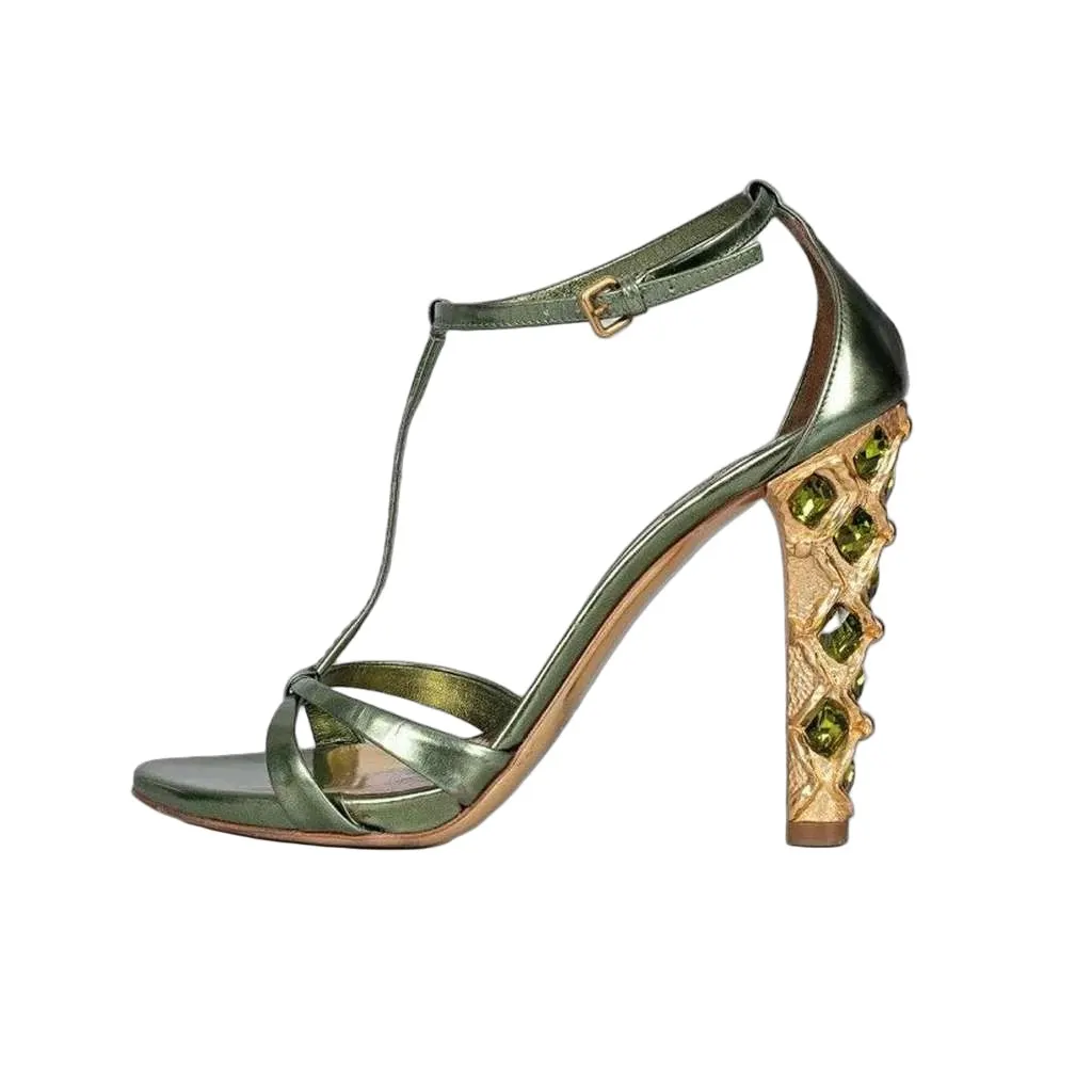 Miu Miu Block Heel Sandals Green Leather Very good - Front View