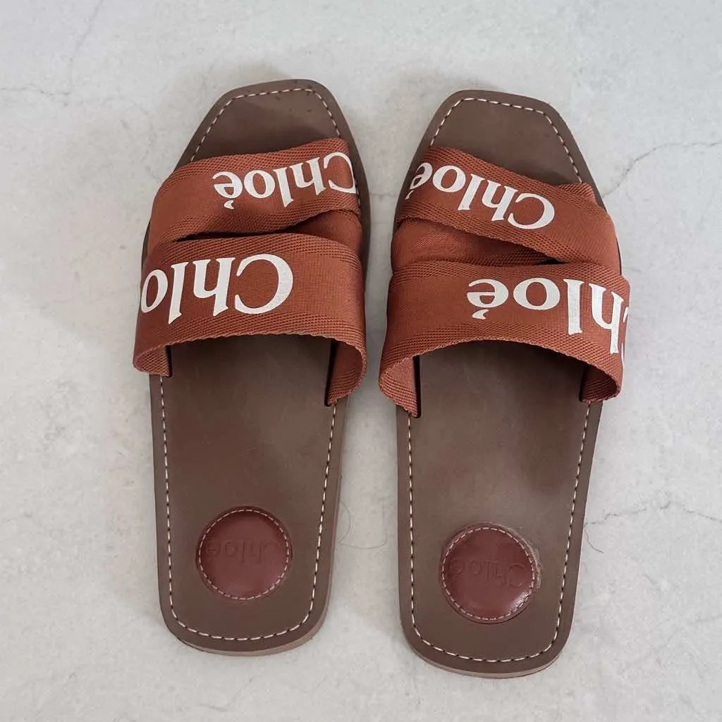 Chloé Woody Flat Slides 40 Brown Canvas Good - Back View