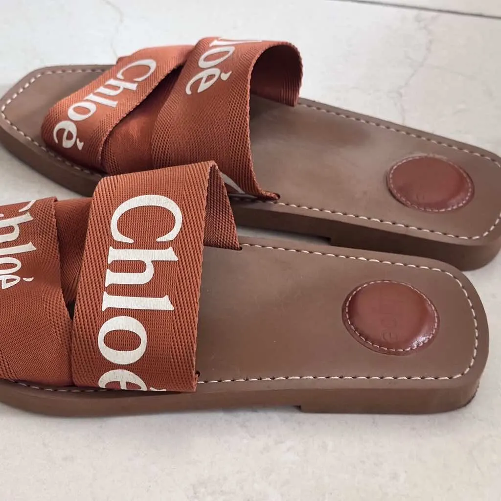 Chloé Woody Flat Slides 40 Brown Canvas Good - Model View