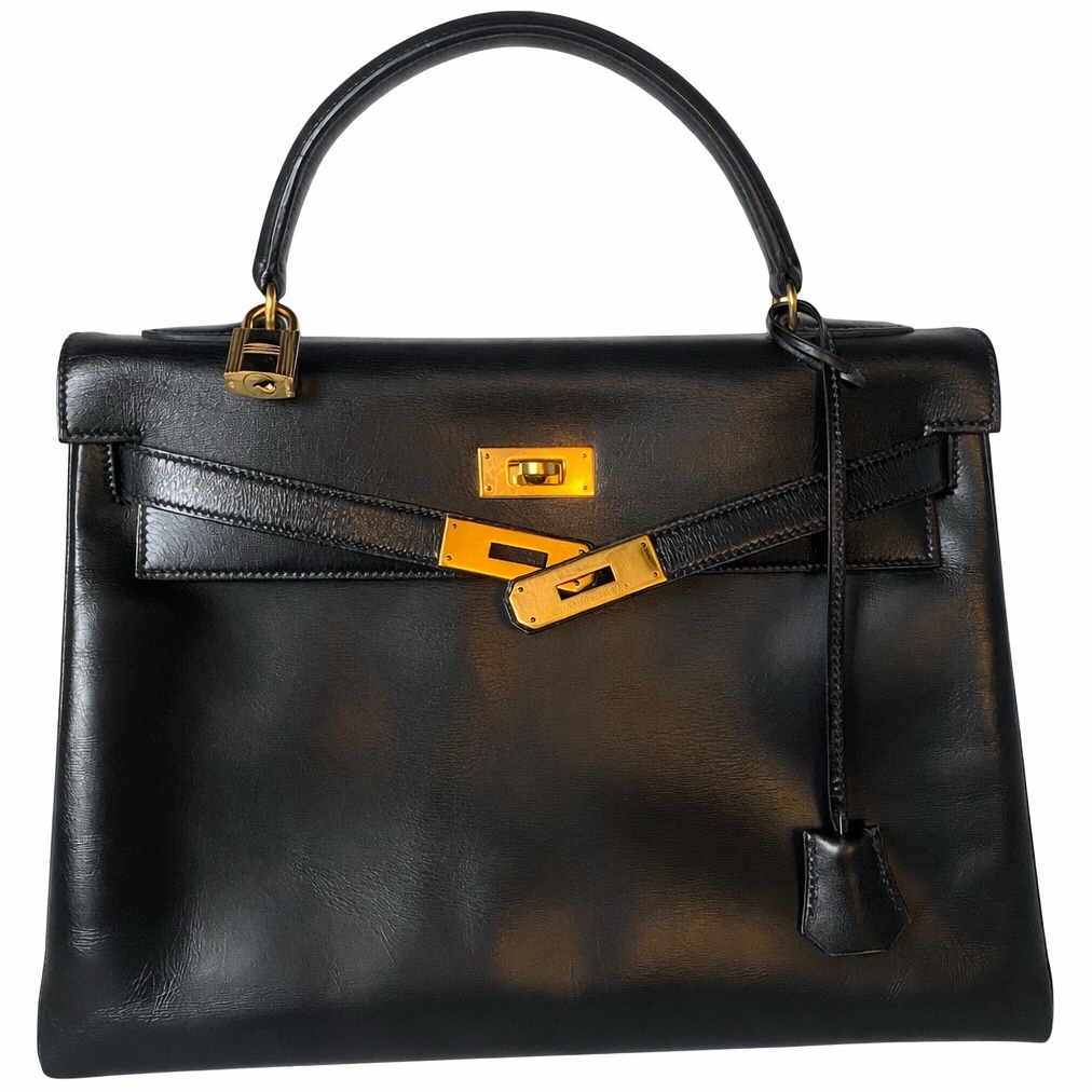 Hermès Kelly 32 Black Box Black Leather Good condition - Front View