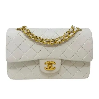 Chanel White Double Flap Bag White Leather Good - Front View