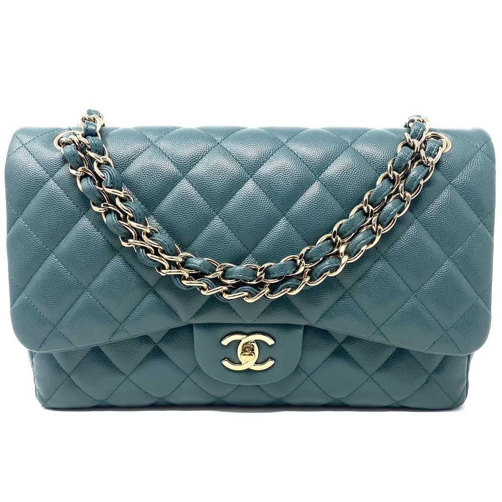 Chanel Double Flap Bag Green Leather Good - Front View