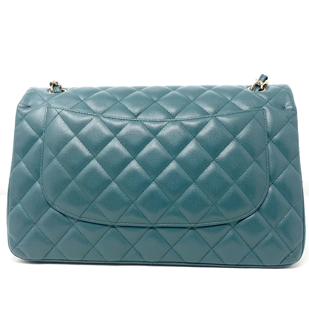 Chanel Double Flap Bag Green Leather Good - Back View