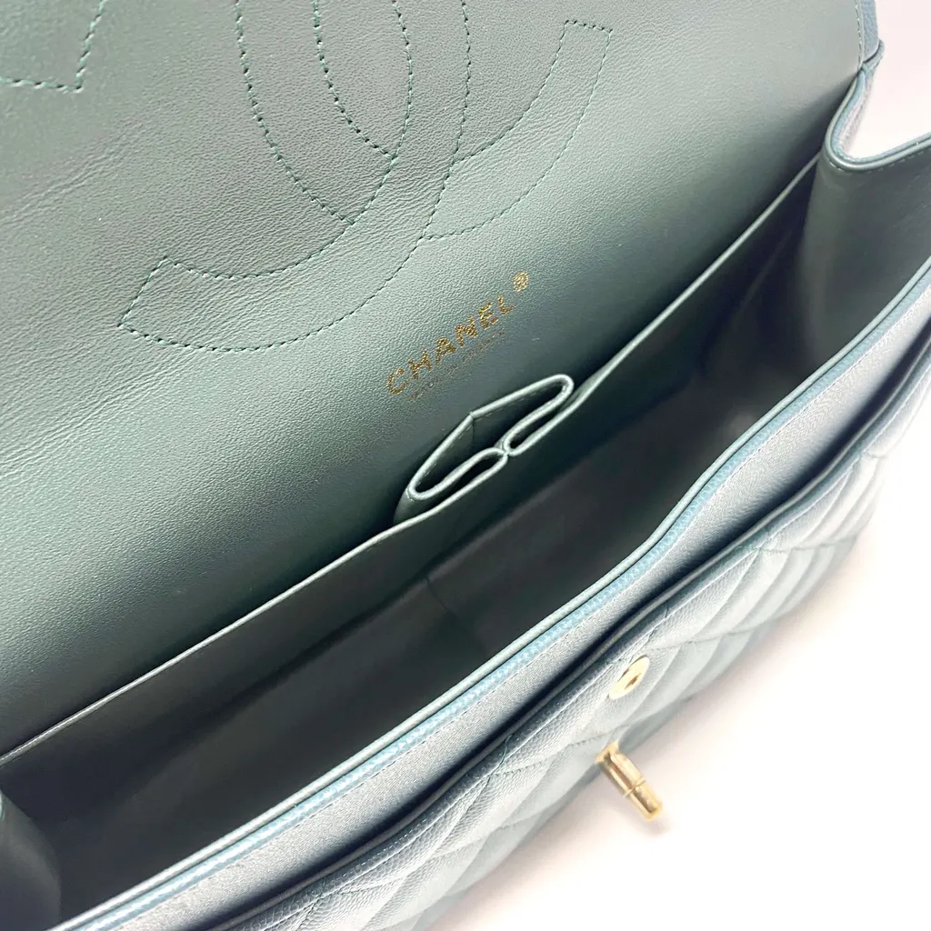 Chanel Double Flap Bag Green Leather Good - Model View