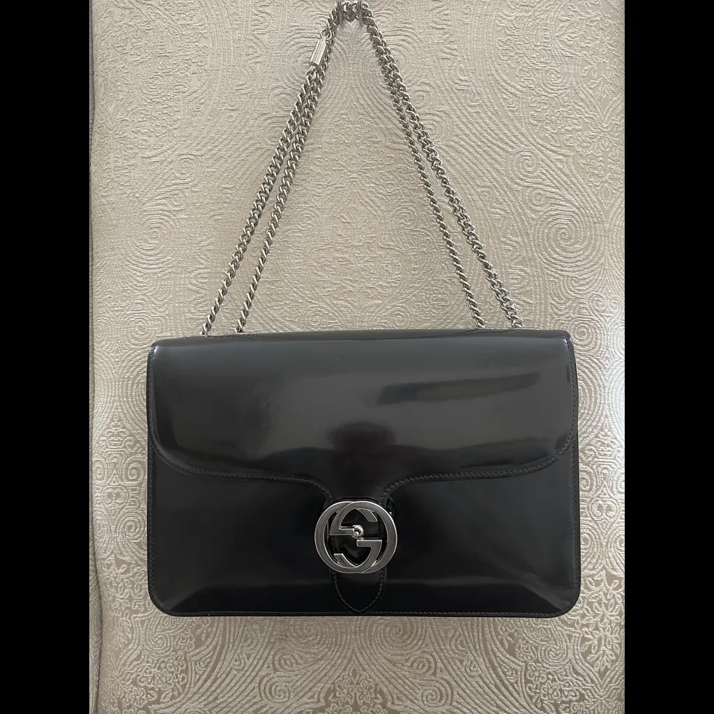 Gucci Patent Leather Interlocking Bag Black Leather Good - Back View