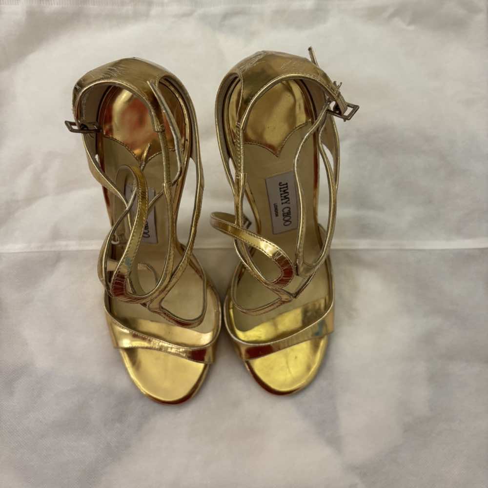 Jimmy Choo Lang Heel Sandals Gold Leather Good - Model View